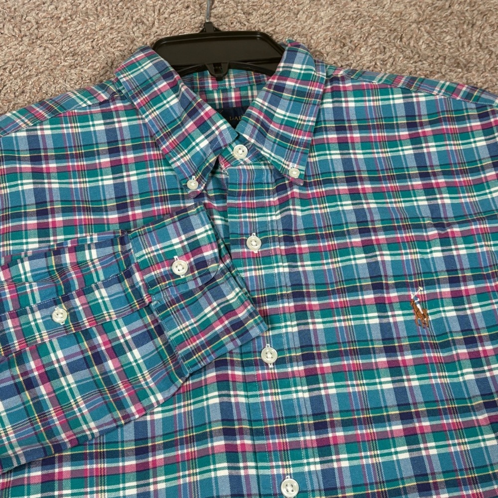 Ralph Lauren Mens Plaid Button Down Shirt Teal Pink Long Sleeve Large L